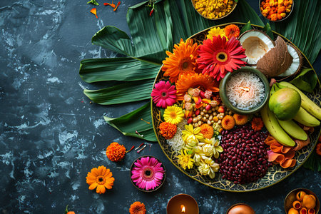 Assorted Indian food set with flowers and palm leaves. Dishes of Indian dishes for puja ceremonyの素材