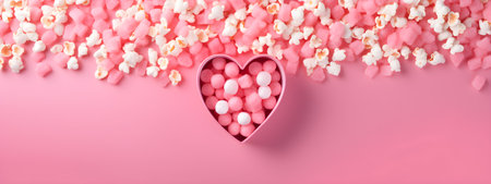 Heart shaped bucket with tasty popcorn on red background. Happy Valentines day. Love cinema conceptの素材
