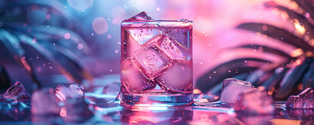 Summer refreshing alcoholic cocktail on neon tropical background with palm leaves. Glass of drinkの素材