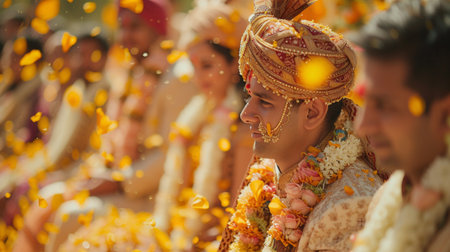 Indian traditional flower decoration, Indian festival garland. Toran decor made of marigold flowersの素材