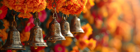 Buddhist golden bell hanging on with orange marigold flowers. Ritual hand bell in Buddhist templeの素材