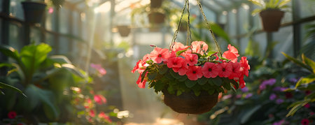Petunia flower hanging in pot. Growing spring flowers in large glass greenhousesの素材
