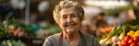 Senior woman selling vegetables in farmer market. Counter with variety of organic vegetablesの素材