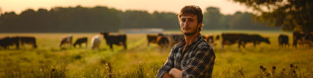 Happy smiling farmer man with herd of cows in cowshed on dairy farm. Live stock for dairy and beefの素材