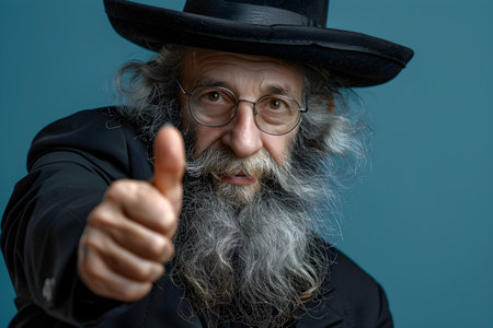 Portrait of senior orthodox jewish man wearing black hat on blue background. Jewish holidayの素材