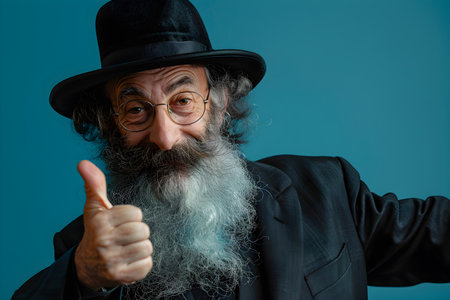 Portrait of senior orthodox jewish man wearing black hat on blue background. Jewish holidayの素材