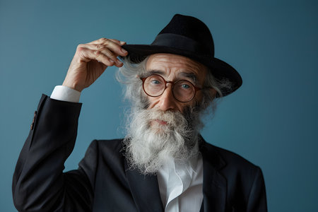 Portrait of senior orthodox jewish man wearing black hat on blue background. Jewish holidayの素材