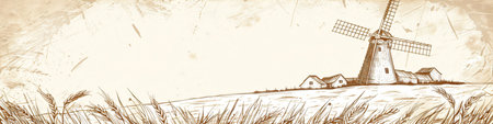 Vintage background with old windmill and wheat field. Vector illustration.の素材