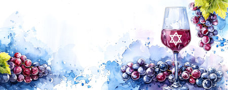 Grape, star of David and wine glass on blue background. Judaism concept. Shabbat Shalomの素材
