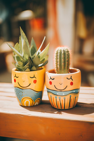Cactus and succulent in a pot on the wooden table.の素材