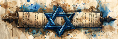 Old torah scroll with Star of David. Judaism religious symbol. Bible exodus torah illustrationの素材