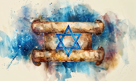 Old torah scroll with Star of David. Judaism religious symbol. Bible exodus torah illustrationの素材