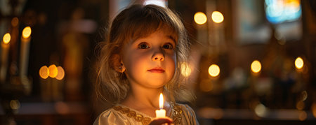 Little child holding burning candle on church. Easter, Christmas. Ascension Day, Trinity Sundayの素材