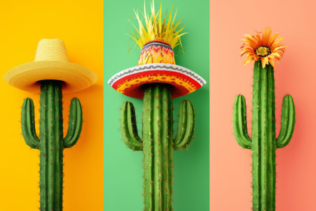 Mexican cactus with sombrero and hat on color backgroundの素材