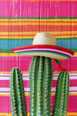 Mexican sombrero hat and cactus on a colorful backgroundの素材