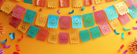 String of handmade cut paper flags on blurred background with empty wooden stage. Day of the Deadの素材