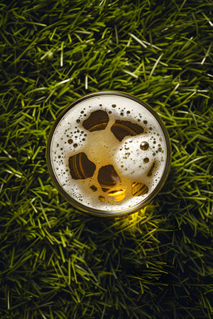 Fresh cold beer and soccer ball. Watch match with friends in pub or bar. Game and drinkの素材