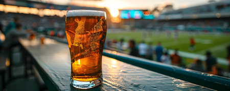 Glass of fresh cold beer on football stadium. Watch match with friends. Game and drinkの素材