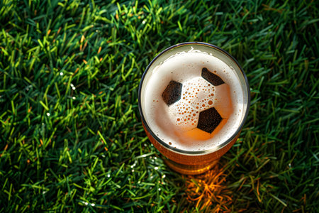Fresh cold beer and soccer ball. Watch match with friends in pub or bar. Game and drinkの素材