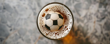 Fresh cold beer and soccer ball. Watch match with friends in pub or bar. Game and drinkの素材