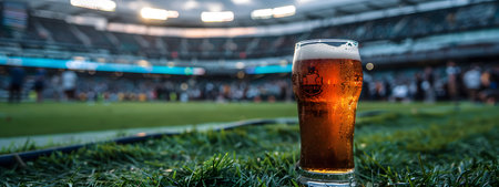Glass of fresh cold beer on football stadium. Watch match with friends. Game and drinkの素材