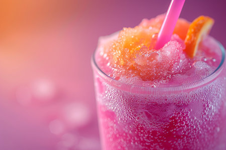 Colorful fruity slushie drink in plastic cup. Summer tropical frozen juice cocktail Slushの素材