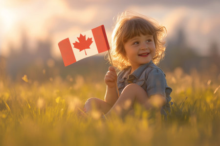 Adorable cute kid holding Canadian flag. Little patriotic child celebrating Canada Day holidayの素材