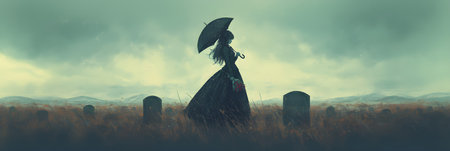 Sad woman grieving in cemetery in rainy day. Woman standing at gravestone of her family memberの素材
