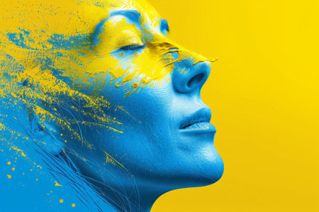 Beautiful Ukrainian woman face in blue and yellow color. Independence Day of Ukraineの素材