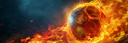 Flaming soccer ball on dark background. Sport bet, football match bettingの素材