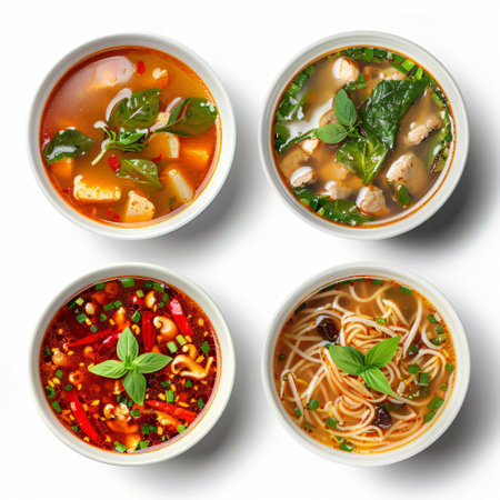 Bowl with Japanese ramen with chicken or pork and noodles isolated on white background. Asian foodの素材