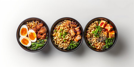 Bowl with Japanese ramen with chicken or pork and noodles isolated on white background. Asian foodの素材