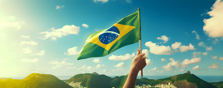 Hand holding Brazil national flag on blue sky. Happy Independence Day, Labor Dayの素材
