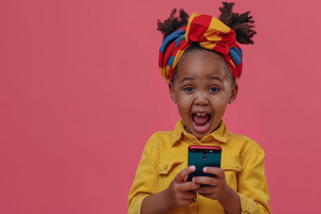 Happy surprised cute little african american girl wearing trendy outfit isolated on pink backgroundの素材