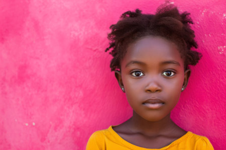 Happy surprised cute little african american girl wearing trendy outfit isolated on pink backgroundの素材