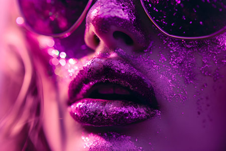 Closeup of beautiful woman lips with red lipstick. Classic retro face makeup. Mouth is openの素材