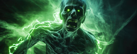 Angry bloody decaying zombie man on dark background with neon green light. Halloween nightの素材