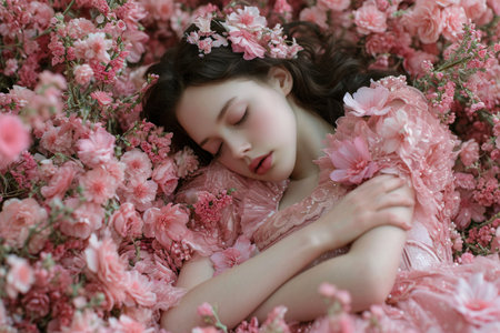 Young fairy princess with long hair in elegant dress in flowers. Romantic fantasy portraitの素材