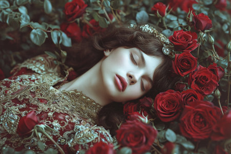 Young fairy princess with long hair in elegant dress in flowers. Romantic fantasy portraitの素材