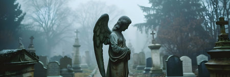 Stone statue in a cemetery surrounded. Sad grieving angel in graveyard with old destroyed tombstonesの素材