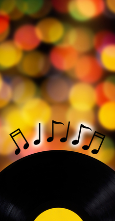Music concept, record and music note on blur bokeh background with copy spaceの写真素材