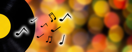 Music concept, record and music note on blur bokeh background with copy spaceの写真素材