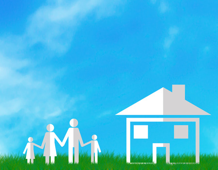 Family home, dream concept, happy paper cut people iconの写真素材