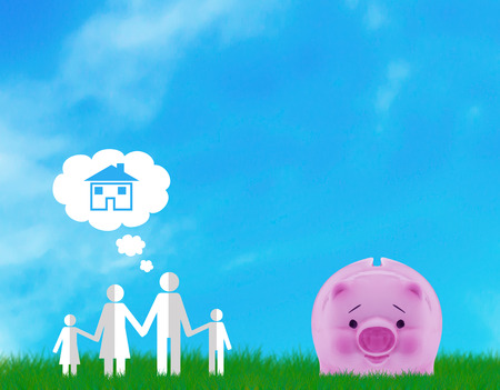 Family home, dream concept, paper cut people icon and piggy bankの写真素材