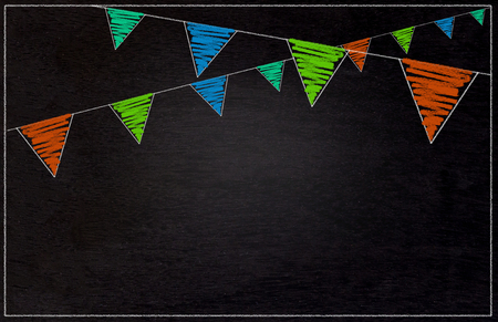 Blackboard, chalkboard texture background and drawing colorful flags hanging, party and festival concept の写真素材