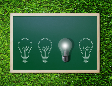 Think different concept, chalkboard and light bulb on green grass backgroundの写真素材