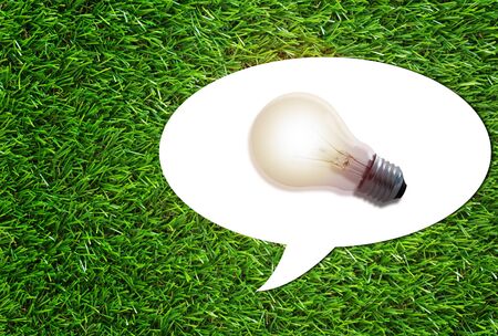 Idea concept, light bulb and white bubble on green grass backgroundの写真素材