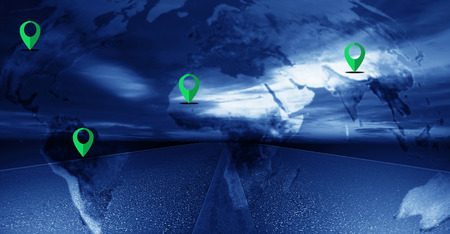 Navigation concept, road and world map with green pin on blue background, Elements of this image...