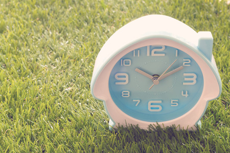 Time management concept, business planning, alarm clock on green grass backgroundの写真素材