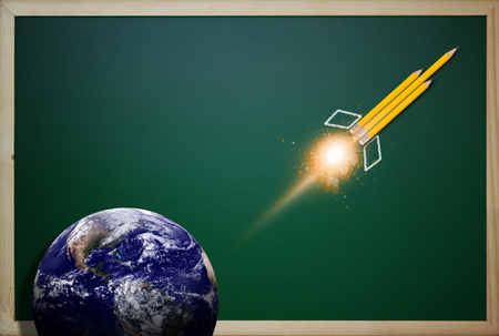 Innovation concept, education creativity, yellow pencil and the earth, Elements of this image furnished by NASAの写真素材